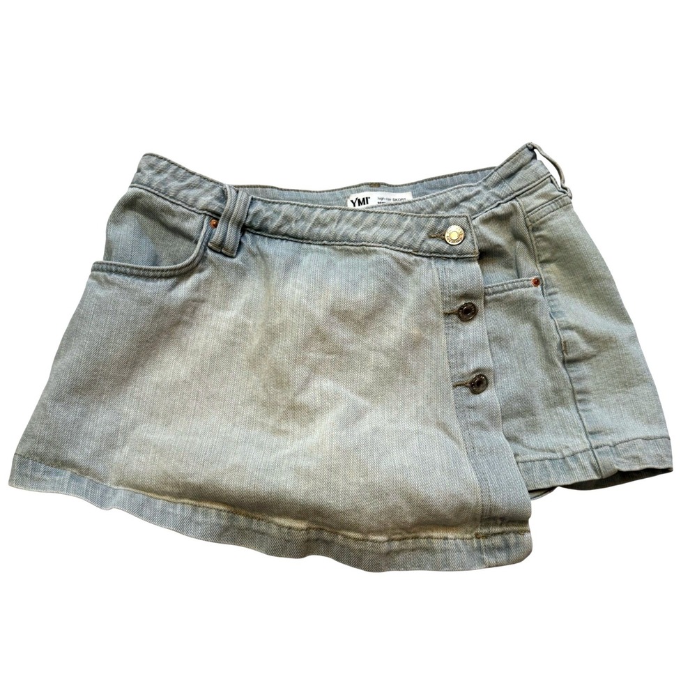 YMI‎ Womens Y2k Casual Summer High Rise Denim Mini Wrap Skirt Skort Blue Size 28